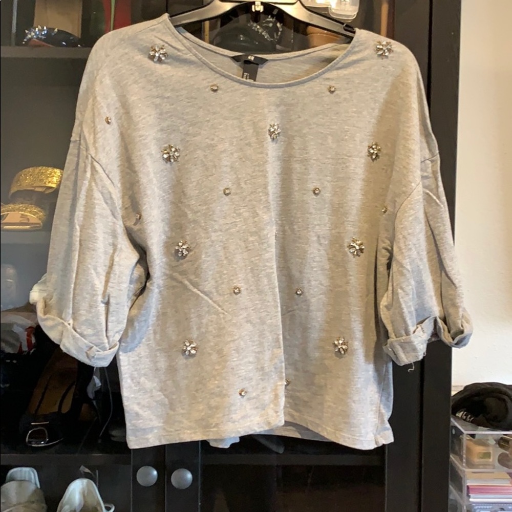 H&M grey sweater with rhinestone embroidery
